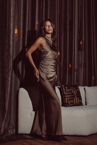 Maxi feestjurk satin taupe - Kylie