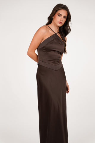 Maxi jurk glanzend bruin - Blossom
