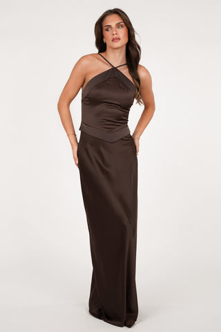 Maxi jurk glanzend bruin - Blossom