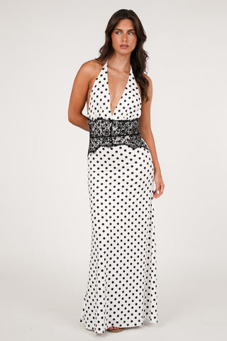 Maxi jurk halter met kant wit/bruin - Divine