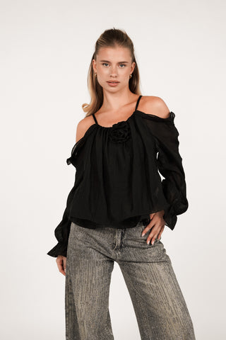 Off shoulder blouse met roos zwart - Indy