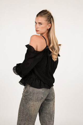 Off shoulder blouse met roos zwart - Indy