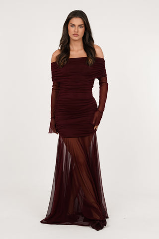 Off shoulder maxi jurk bordeaux - Suze