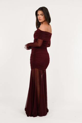 Off shoulder maxi jurk bordeaux - Suze