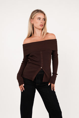 Off shoulder top knopen bruin - Harlow
