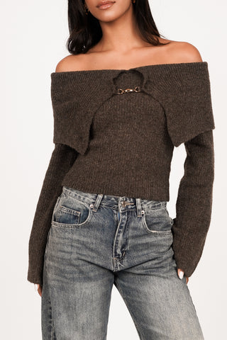 Off shoulder top met buckle bruin - Lotus