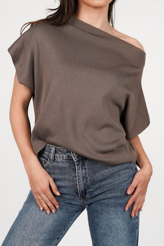One shoulder top asymmetrisch bruin - Lexia