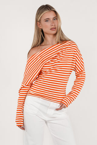 One shoulder top gestreept oranje/wit - Alexia