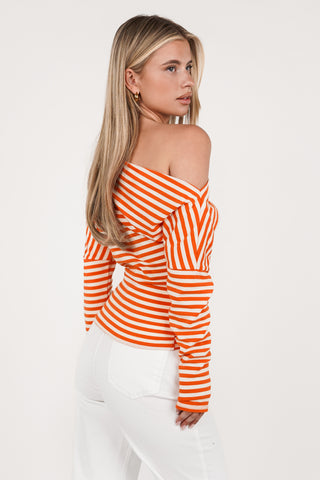 One shoulder top gestreept oranje/wit - Alexia