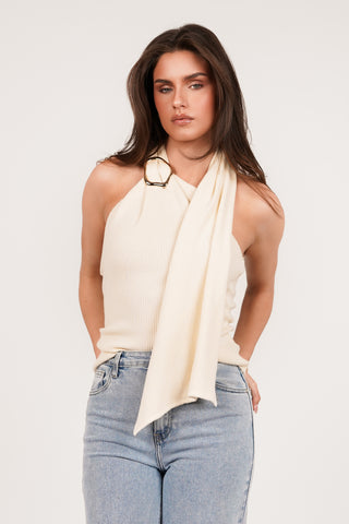 One shoulder top goud detail beige - Pam