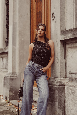 One shoulder top met pailletten zwart - Vienna