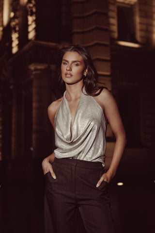 Open back top satin met strass zilver - Bowi