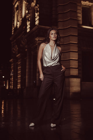 Open back top satin met strass zilver - Bowi