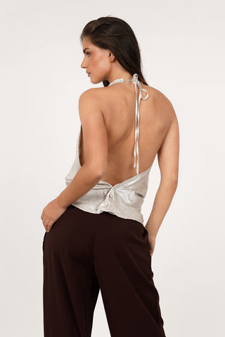 Open back top satin met strass zilver - Bowi