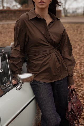 Oversized blouse met zijstrik bruin - Meerle