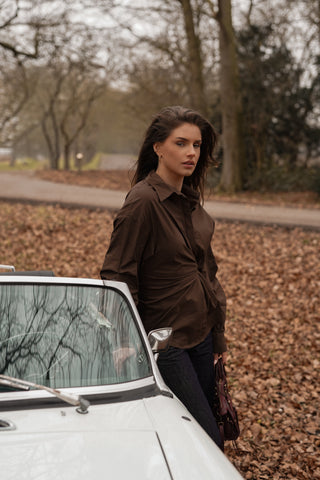 Oversized blouse met zijstrik bruin - Meerle