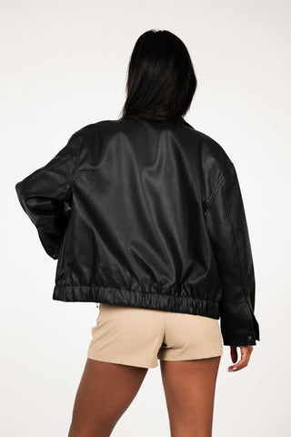Oversized bomber jas leatherlook zwart - Leona