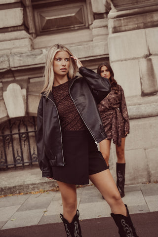 Oversized bomber jas leatherlook zwart - Leona