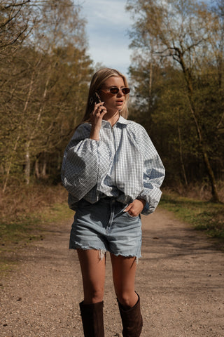 Oversized geruit bomber jack blauw - Leigh