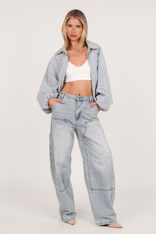 Oversized geruit bomber jack blauw - Leigh