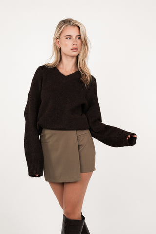 Oversized knit v-hals donker bruin - Juno