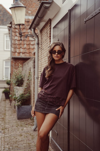 Oversized t-shirt met kanten onderzijde bruin  - Elvia