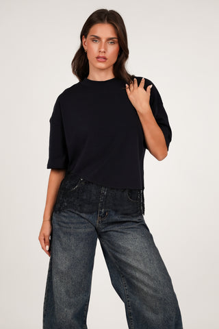 Oversized t-shirt met kanten onderzijde navy  - Elvia