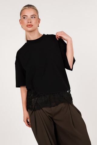 Oversized t-shirt zwart met kanten onderzijde - Elvia