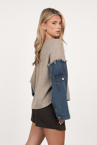 Oversized trui met denim details beige - Lena