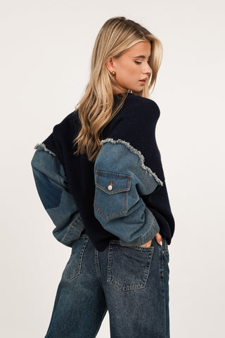 Oversized trui met denim details donker blauw - Lena