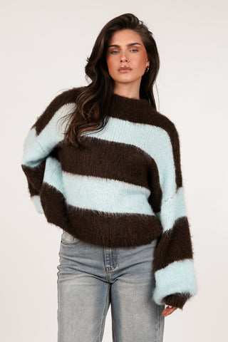 Oversized wollen trui gestreept bruin/blauw - Yentle