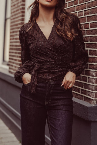 Overslag blouse met lurex bruin - Mona