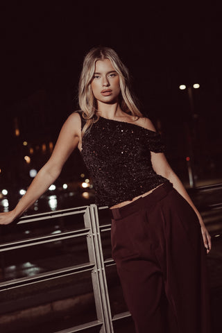 Pailletten one shoulder top bruin - Charly