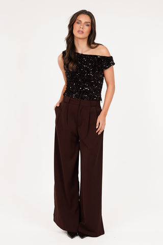 Pailletten one shoulder top bruin - Charly