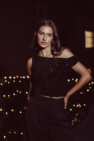 Pailletten one shoulder top zwart - Charly