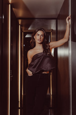 Peplum cropped top dark brown - Kourtney