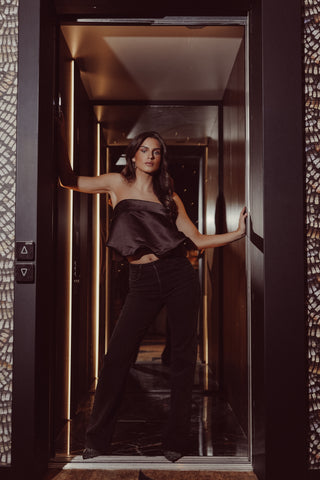 Peplum cropped top dark brown - Kourtney