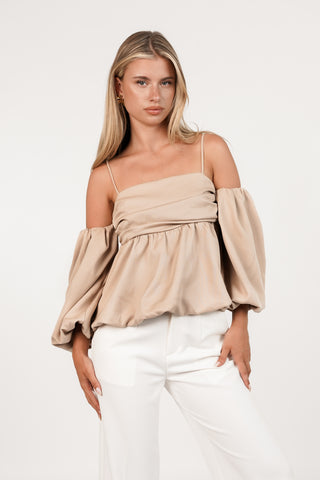 Peplum top met off shoulder mouw beige - Xenia