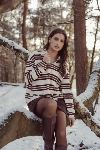 Polo sweater gestreept beige/bruin - Cato