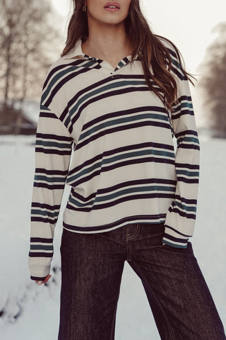 Polo sweater gestreept beige/groen - Cato