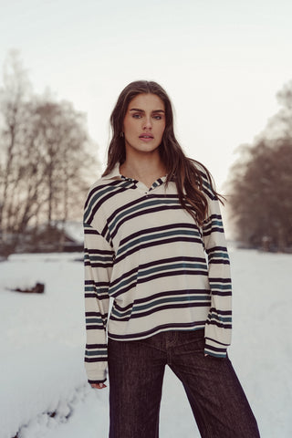 Polo sweater gestreept beige/groen - Cato