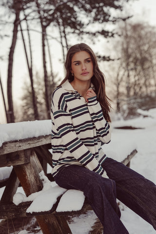 Polo sweater gestreept beige/groen - Cato