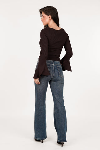 Ribbed top met stretch bruin - Doris
