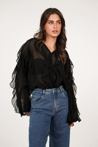 Ruffle blouse mesh zwart - Bibi