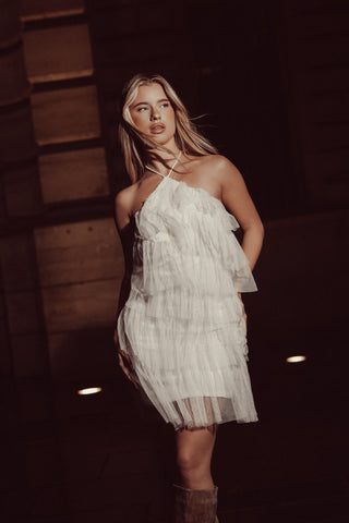 Ruffle glitter jurkje met halter wit - Ayla