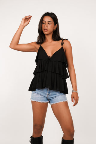 Ruffle top met strikdetails zwart - Cleo