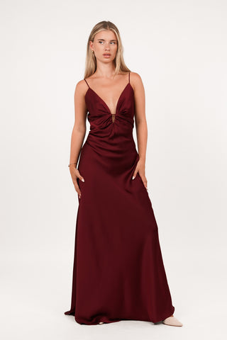 Satijnen maxi jurk bordeaux - Ginger