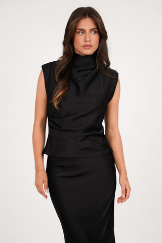 Satijnen mouwloze halter top zwart - Aria