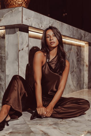 Satin top with gold detail brown - Moon