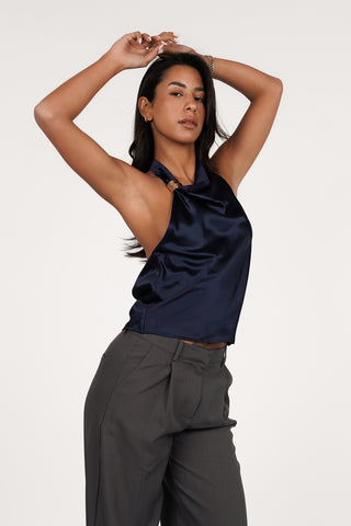 Satijnen top met goud detail navy - Maan